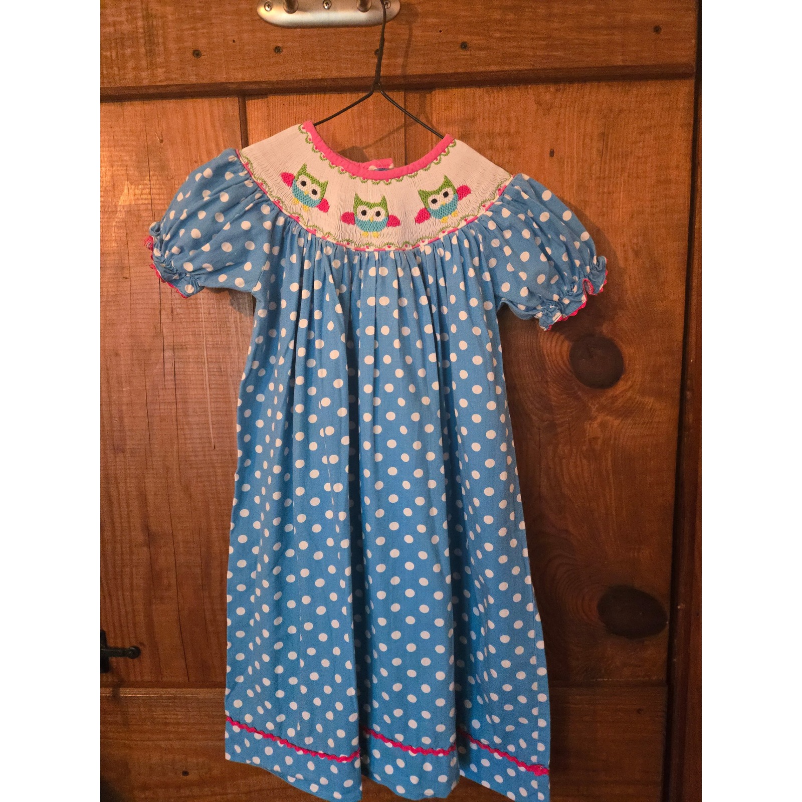 Polka Dot Prayers Girls Blue Smocked Owl Polka Dot Dress Size 4 Ric Rac Trim